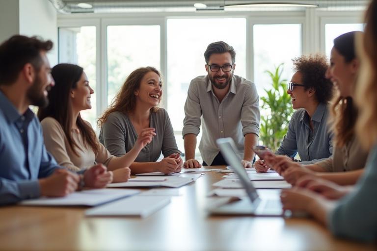 Diverse team collaborating in a modern office space.