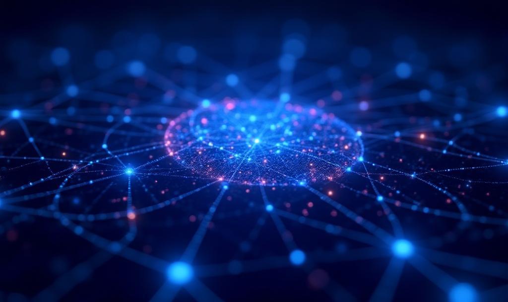 Abstract visualization of AI technology with network nodes.