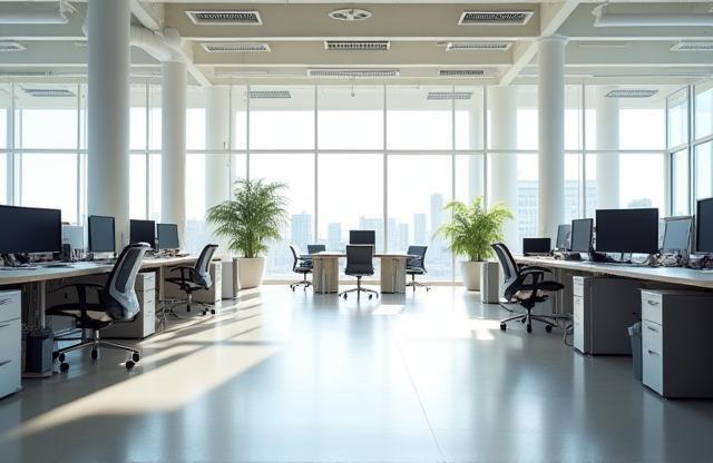 Modern, open-plan office space with large windows.