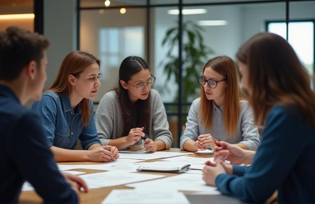 Small team collaborating around a table.